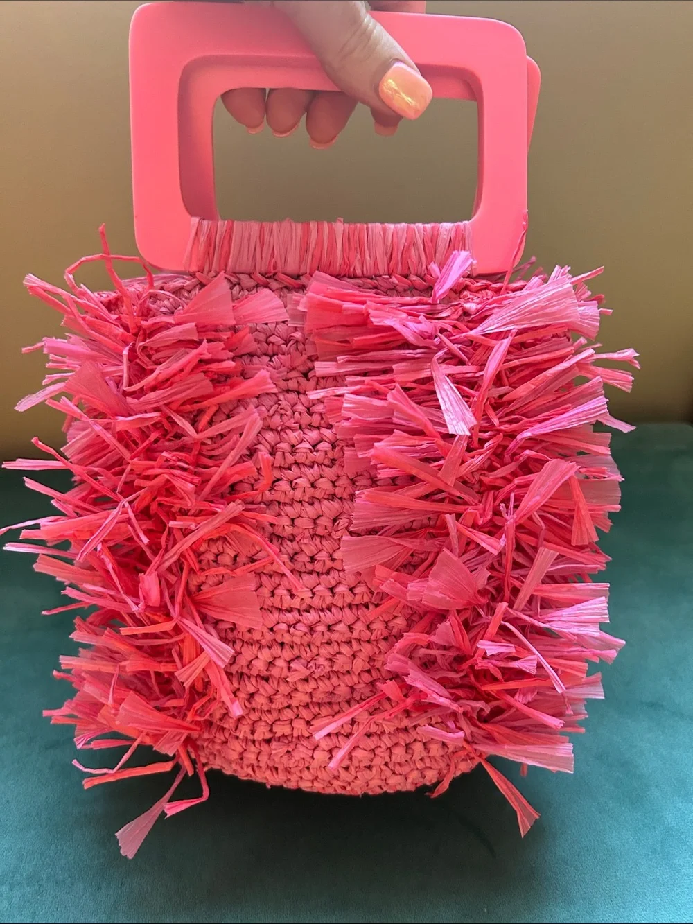 JCrew Woven Bright Pink Raffia Fringe Handbag with Acrylic Handles 🎀